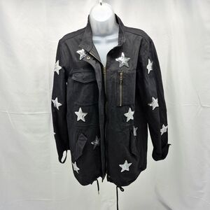 Buddy Love Black Sequin Star Military Utility Jacket Cotton Canvas Parker Cargo